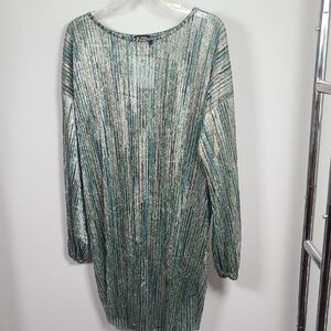 Boohoo Metallic Green & Silver Long Sleeve Pleated Dress